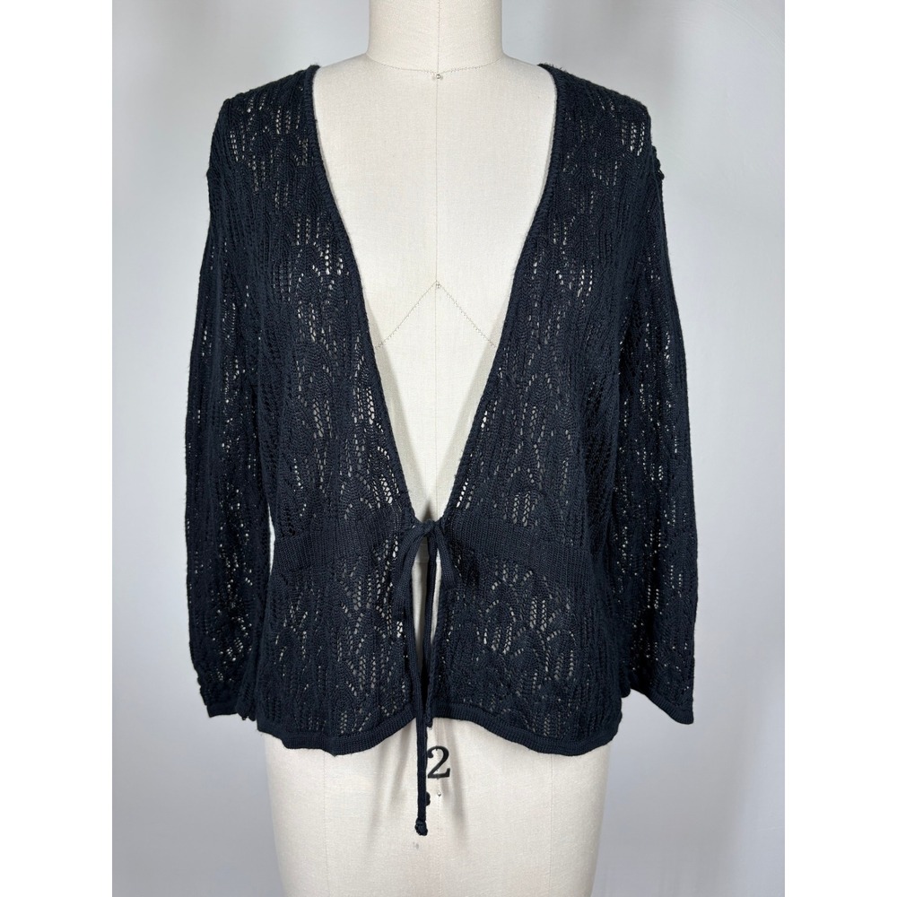 Vintage Y2K Sheer Cardigan PM Black Pointelle Tie Front Fairycore Whimsigoth